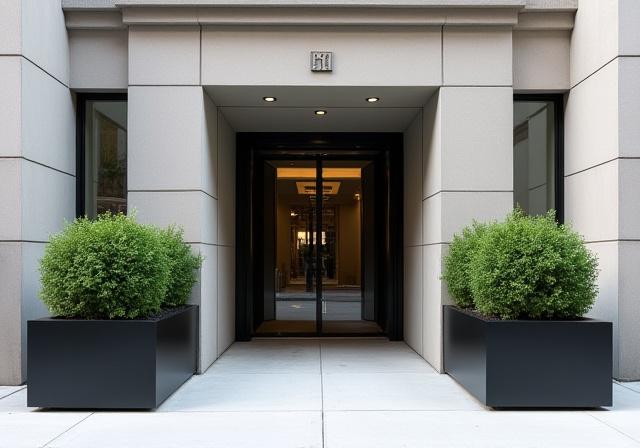Modern entrance with large, minimalist planters in Brooklyn