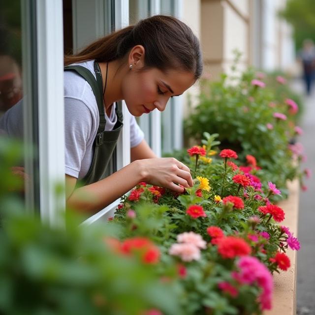 Gardener carefully planting flowers in a window box