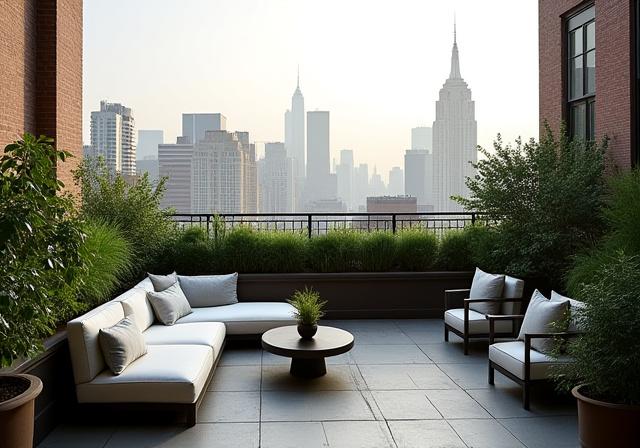 Elegant outdoor seating area on a Manhattan terrace with potted plants
